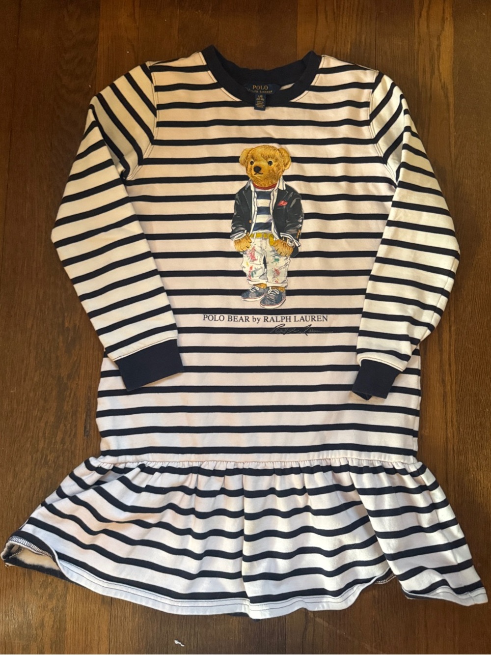 Ralph Lauren Navy & White Striped Polo Bear sweatshirt dress with Ruffle Hem